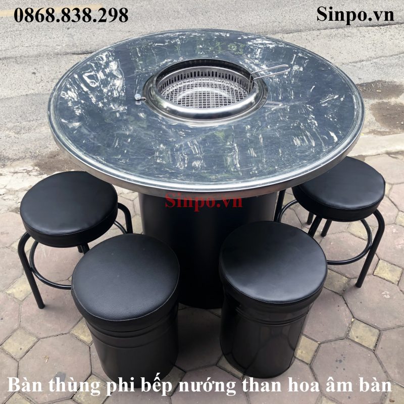 Ghế đôn mặt đệm tròn dành cho nhà hàng, quán ăn Giá bán bàn thùng phi bếp lẩu nướng than hoa âm bàn