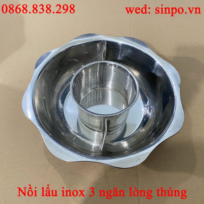 Nồi lẩu inox tròn 3 ngăn cho nhà hàng