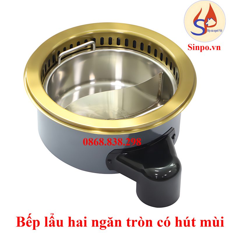 Bộ bếp lẩu 2 ngăn âm bàn tròn dành cho nhà hàng, quán ăn Bếp lẩu 2 ngăn tròn có hút mùi