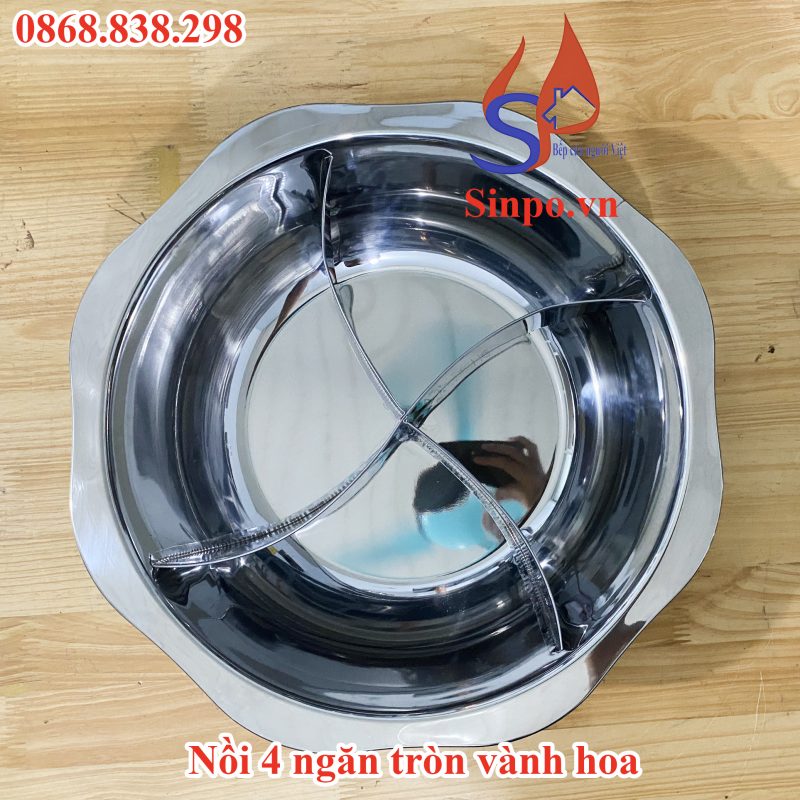 Nồi lẩu tròn 4 ngăn bằng inox cho nhà hàng lẩu Hotpot Nồi 4 ngăn tròn vành hoa